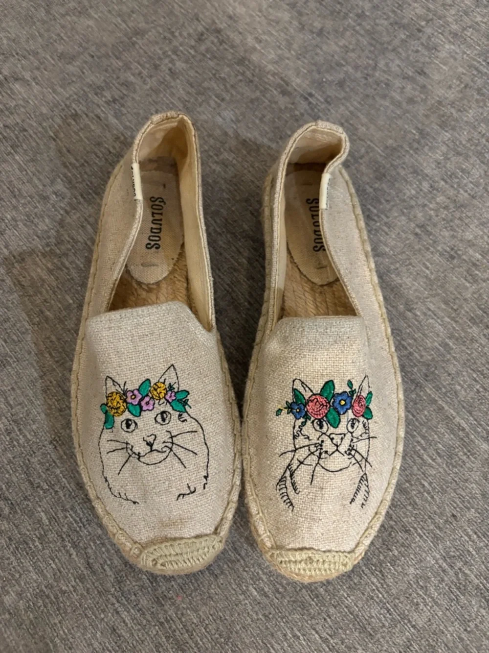 Soludos Spirit Animal Cat Floral Smoking Espadrilles Beige size 6